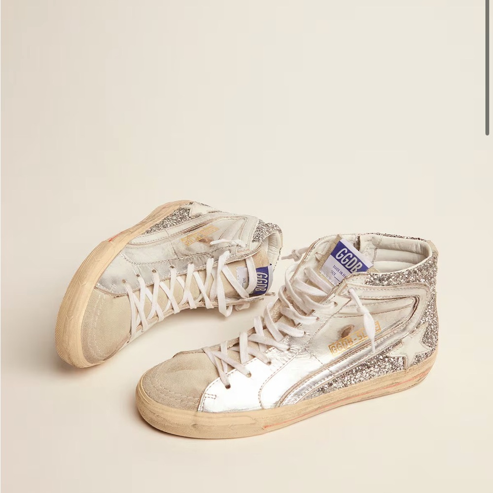 Women's Golden Goose Slide with laminated leather upper and silver glitter